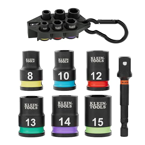 Klein Tools 33808M Juego de llaves de impacto Grab-And-Go, sistema métrico, juego de 7 piezas con manga, mosquetón, unidad de 3/8 pulgadas, código por colores de 8 mm, 10 mm, 12 mm, 13 mm, 14 mm, 15