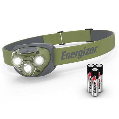 Energizer High-Powered LED Headlamp Flashlights, IPX4 Water Resistant, Super Bright LED, Multiple Light Modes, Best Headlight for Camping, Running, Outdoors, Emergency Light, Batteries Included - Verde: 260 lúmenes.