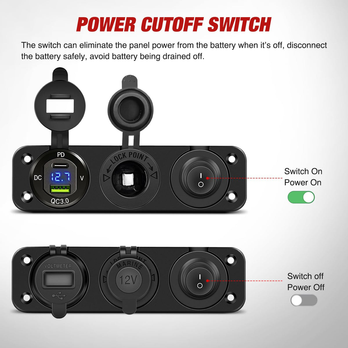 Nilight - Panel de Cargador 4 en 1 PD Tipo C y QC 3.0 Cargador USB con visualización de voltímetro LED y Encendedor de Cigarrillos e Interruptor de Corte de alimentación para Automóviles, Camiones, UTV,
