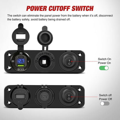 Nilight - Panel de Cargador 4 en 1 PD Tipo C y QC 3.0 Cargador USB con visualización de voltímetro LED y Encendedor de Cigarrillos e Interruptor de Corte de alimentación para Automóviles, Camiones, UTV,
