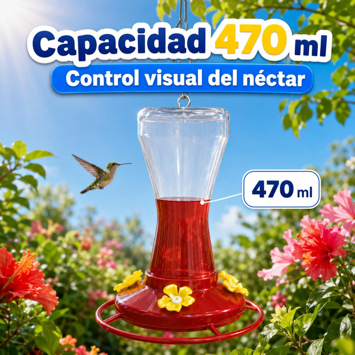 Red Kite Bebedero para Colibrí con 4 Estaciones de Alimentación | 470 ml | Base con Descanso | Plástico Transparente | Incluye Gancho y Alambre para Colgar