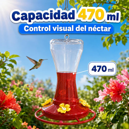 Red Kite Bebedero para Colibrí con 4 Estaciones de Alimentación | 470 ml | Base con Descanso | Plástico Transparente | Incluye Gancho y Alambre para Colgar
