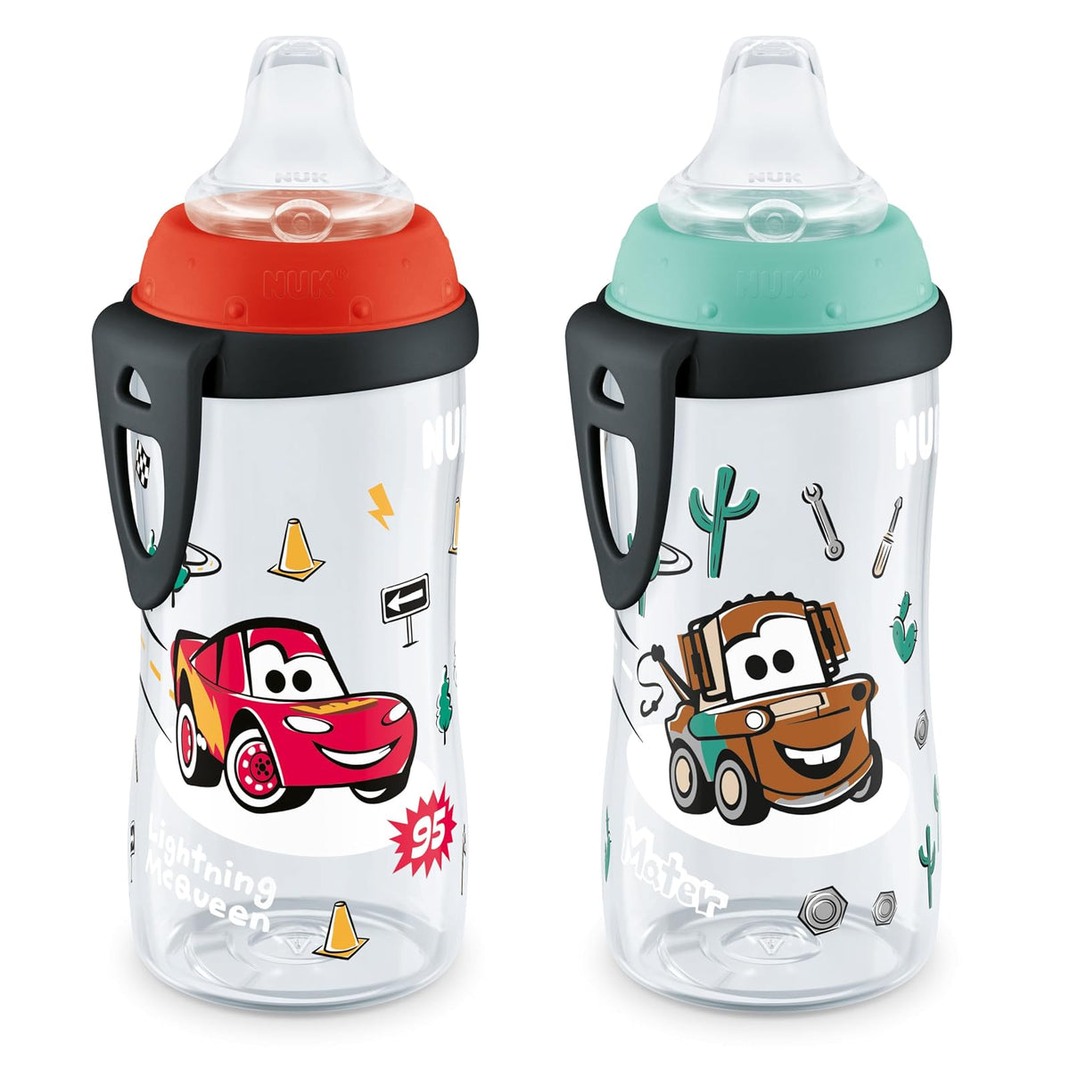 NUK Active Sippy Cup, 10 onzas, 2 unidades, Disney's Cars, Lightning McQueen, sin BPA, a prueba de derrames, taza de transición