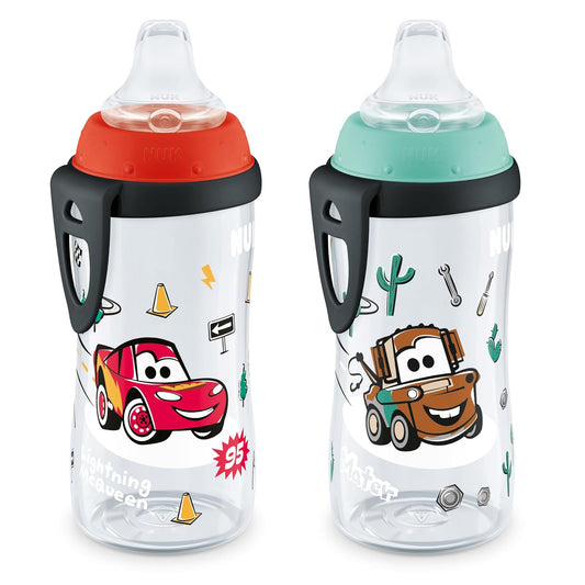 NUK Active Sippy Cup, 10 onzas, 2 unidades, Disney's Cars, Lightning McQueen, sin BPA, a prueba de derrames, taza de transición