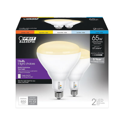 Feit Electric - foco LED BR40, equivalente a 65 W, regulable, seleccionable en color de 6 vías, base media E26, 90 CRI, 850 lúmenes, vida útil de 22 años, BR40DM/6WYCA/2, paquete de 2