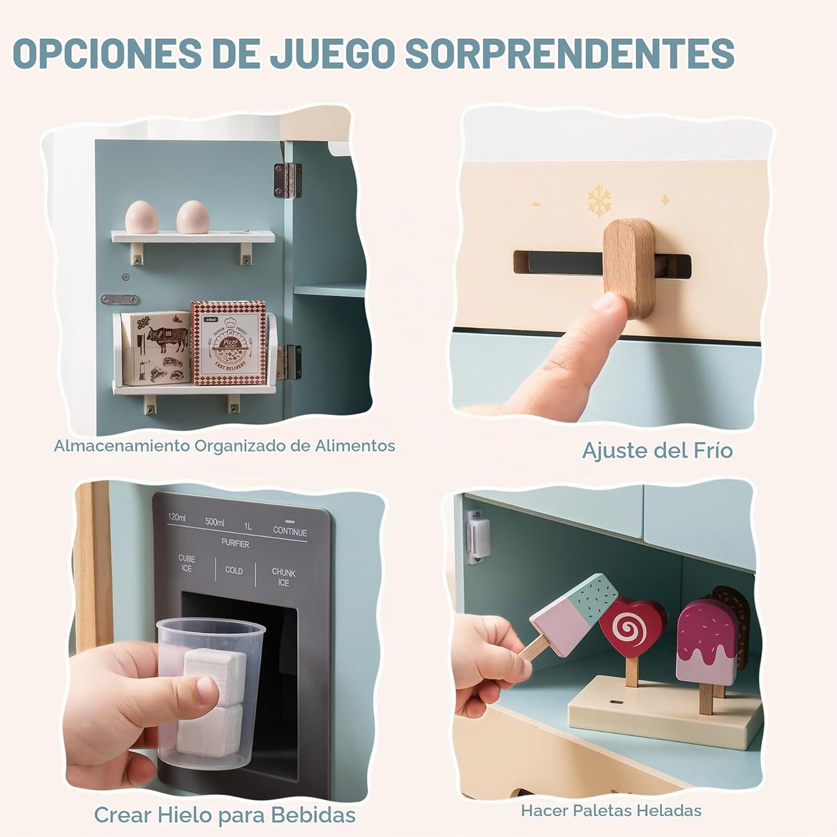 ROBUD Frigorífico de Madera - Realista e Interactivo con máquina de Hielo y Juguetes alimenticios - Adecuado para niños a Partir de 3 años