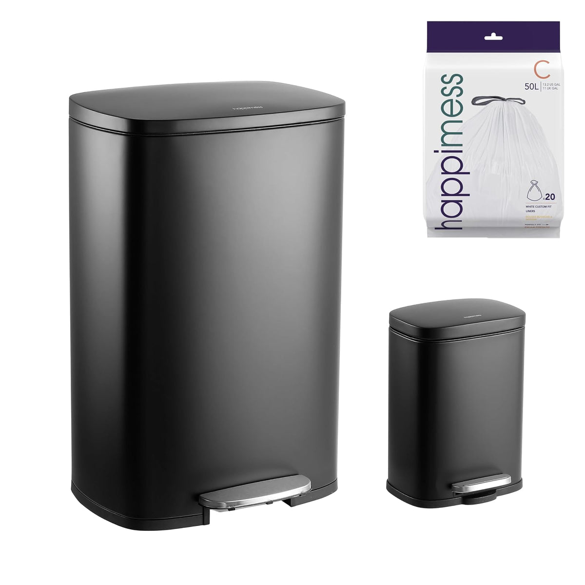 happimess HPM1006B Connor - Bote de Basura Rectangular de 13 galones con Tapa de Cierre Suave y Mini Bote de Basura Gratis, Color Negro - Negro