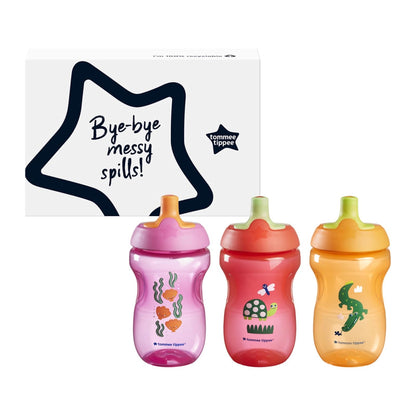 Tommee Tippee Vaso Entrenador Sporty, 1-3 Años, Antiderrames, 295ml | Paquete de 3, Boquilla Resistente a Mordidas, Fácil de Sujetar, Rosa, Rojo y Naranja, Libre de BPA