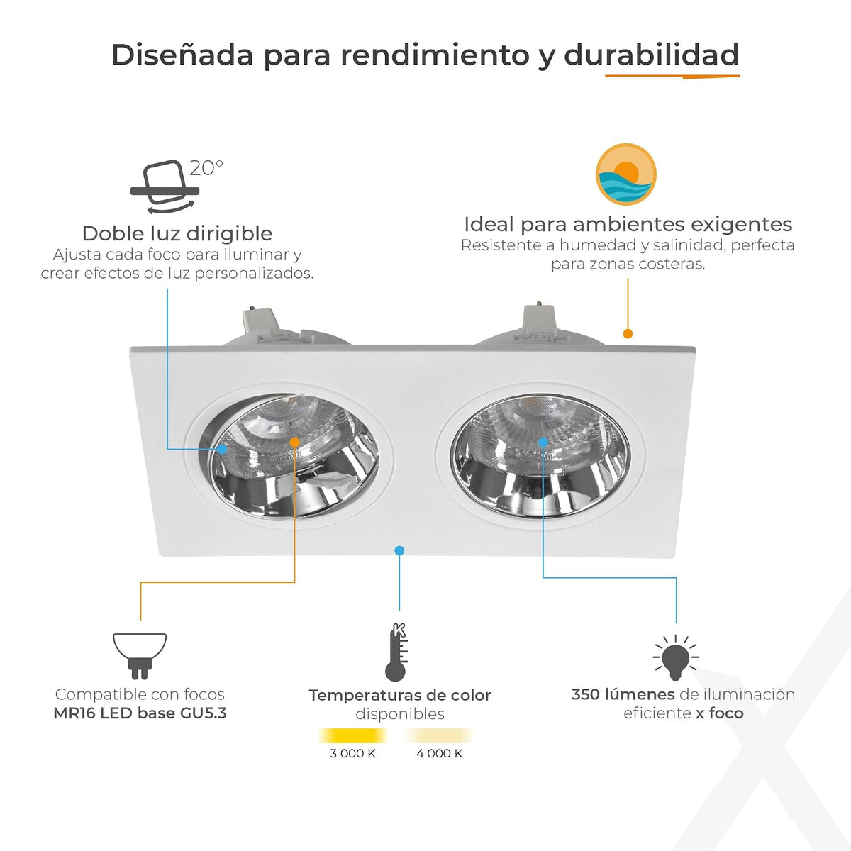 ILLUX Lámpara Downlight Cuadrada 2 Spots GU5.3 LED 9W Neutra 4000K Blanco Cromo TL-2913.BCRKT40