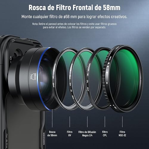 NEEWER HD 65mm Telefoto Phone Camera Lens con Parasol Solo para 17mm Rosca Placa Trasera Phone Cage Case, 1.7X Zoom Accesorio Lente Compatible con iPhone 16, 15, S25, S24 Ultra, Android, LS-66