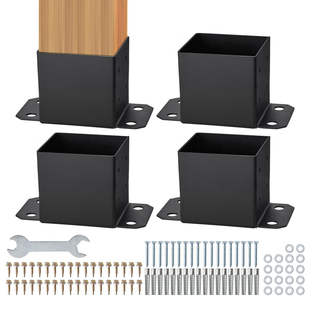 VEVOR 4 Piezas Soportes para Postes de Madera 6"x6"(152x152 mm) Base Interna de Poste de Acero al Carbono para Anclaje de Poste con Recubrimiento en Polvo para Barandilla de Soporte, Terraza, Negro - 6x6 4pc