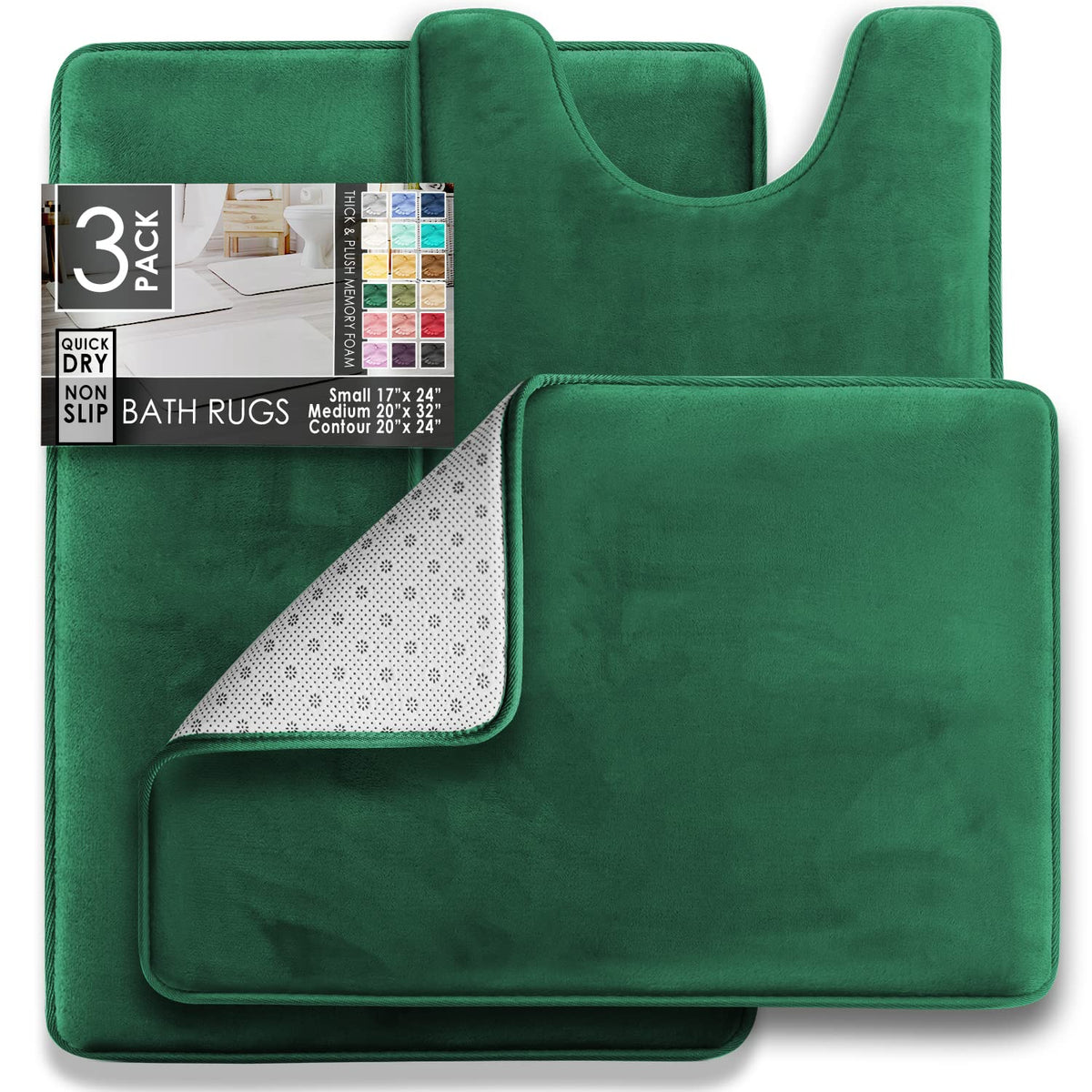 Clara Clark Alfombra de baño Ultra Suave, Antideslizante y Absorbente, de Espuma viscoelástica de Terciopelo, 17 x 24/20 x 32 / Contorno - Verde Cazador