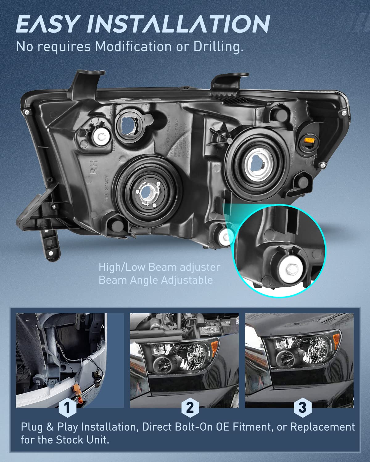 Nilight Headlight Assembly for 2007 2008 2009 2010 2011 2012 2013 Toyota Tundra 2008-2017 Sequoia Headlamps Replacement Black Housing Amber Reflector Driver and Passenger Side