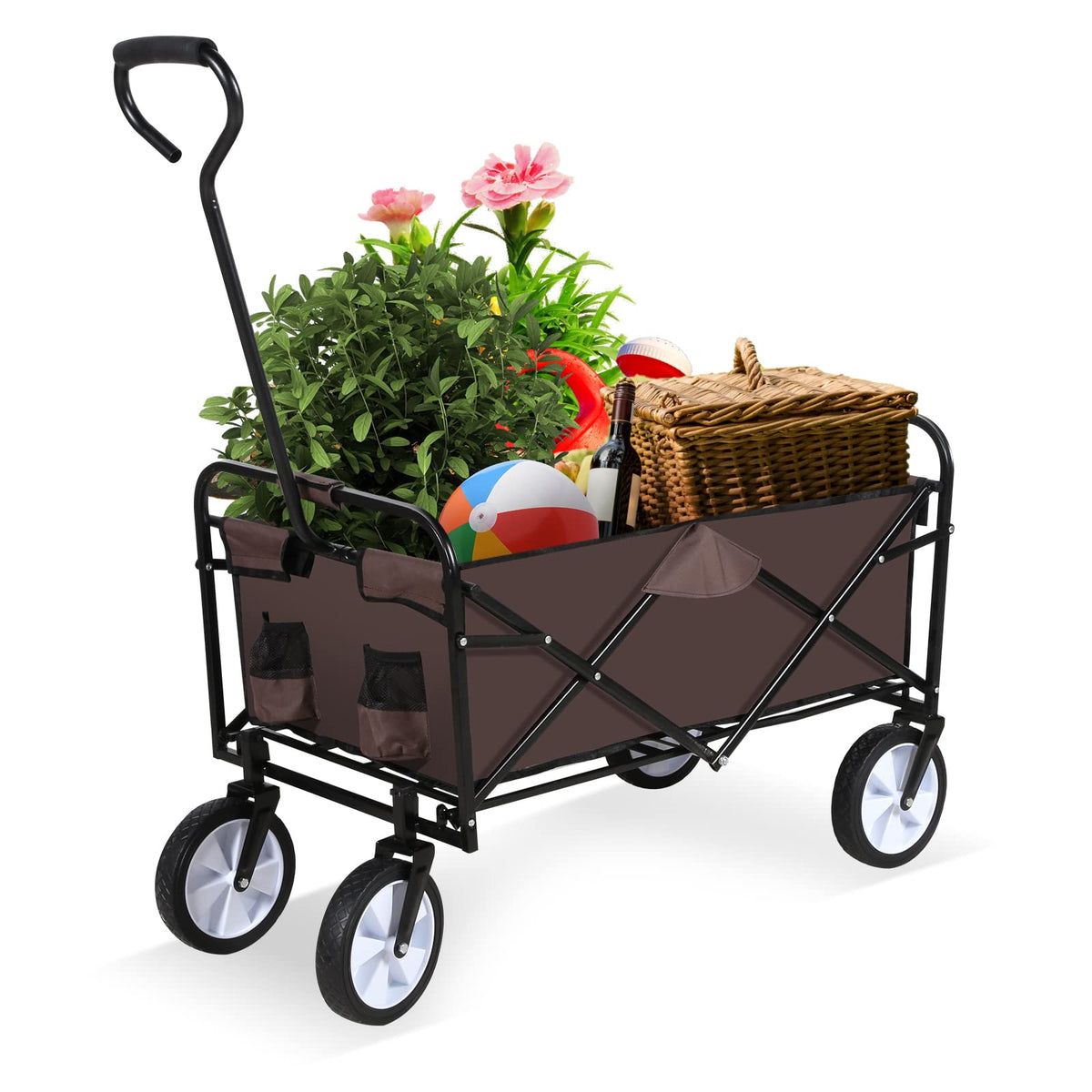 YSSOA - Carro Plegable para jardín, con Ruedas giratorias de 360 Grados y Mango Ajustable, Capacidad de Peso de 200 Libras, Color café