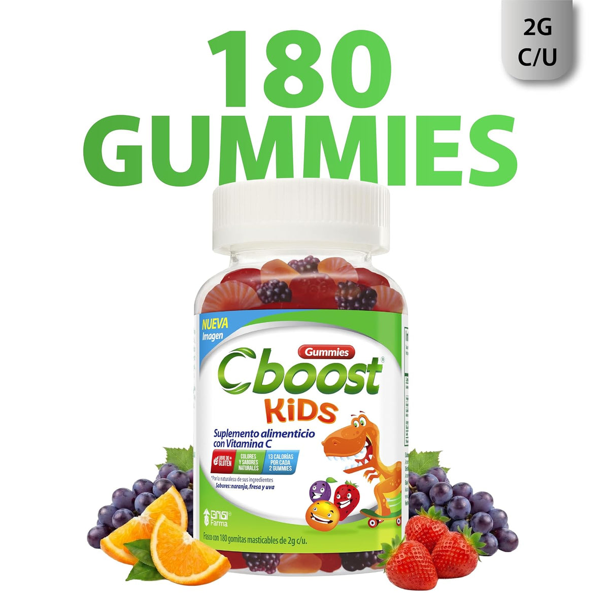 Cboost - Gomitas Kids Vitamina C para Niños, Sin Gluten, 180 Piezas, Fresa | Naranja y uva, colores y sabores naturales, 13 calorías por porción, gomitas a partir de 6 años