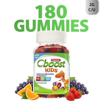 Cboost - Gomitas Kids Vitamina C para Niños, Sin Gluten, 180 Piezas, Fresa | Naranja y uva, colores y sabores naturales, 13 calorías por porción, gomitas a partir de 6 años