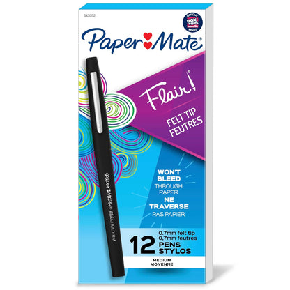 Marcador de punta porosa Paper Mate Flair, paquete de 14 colores surtidos - Consejo medio - Negro - 12 Piezas
