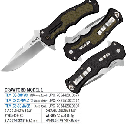 Cold Steel Crawford Modelo 1 3.5 pulgadas 4034SS - Cuchillo plegable táctico con mango Zy-Ex, de 4.9 pulgadas, color negro, en caja