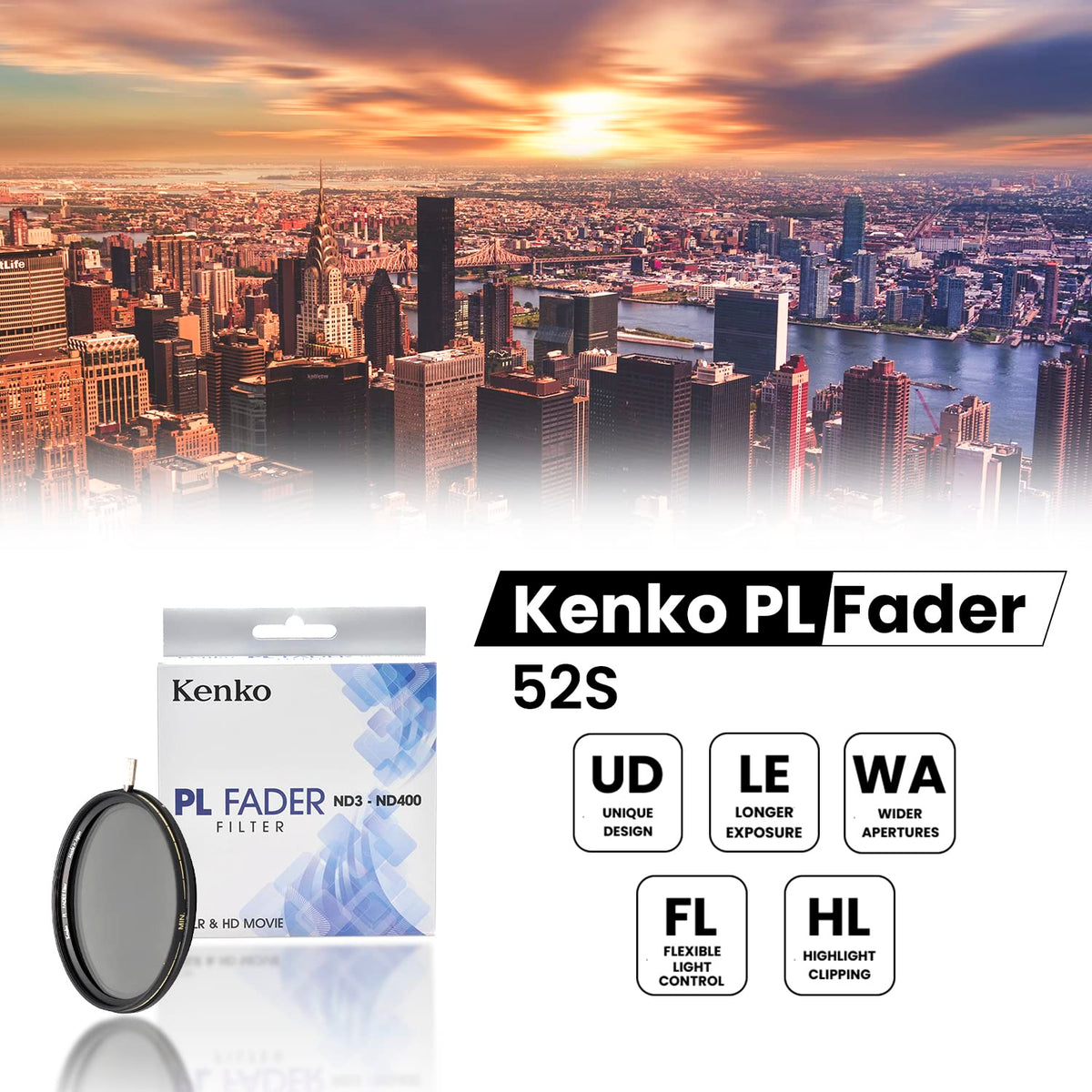 Kenko 52mm PL FADER Variable Neutral Density (ND3 to ND400) Camera Lens Filters