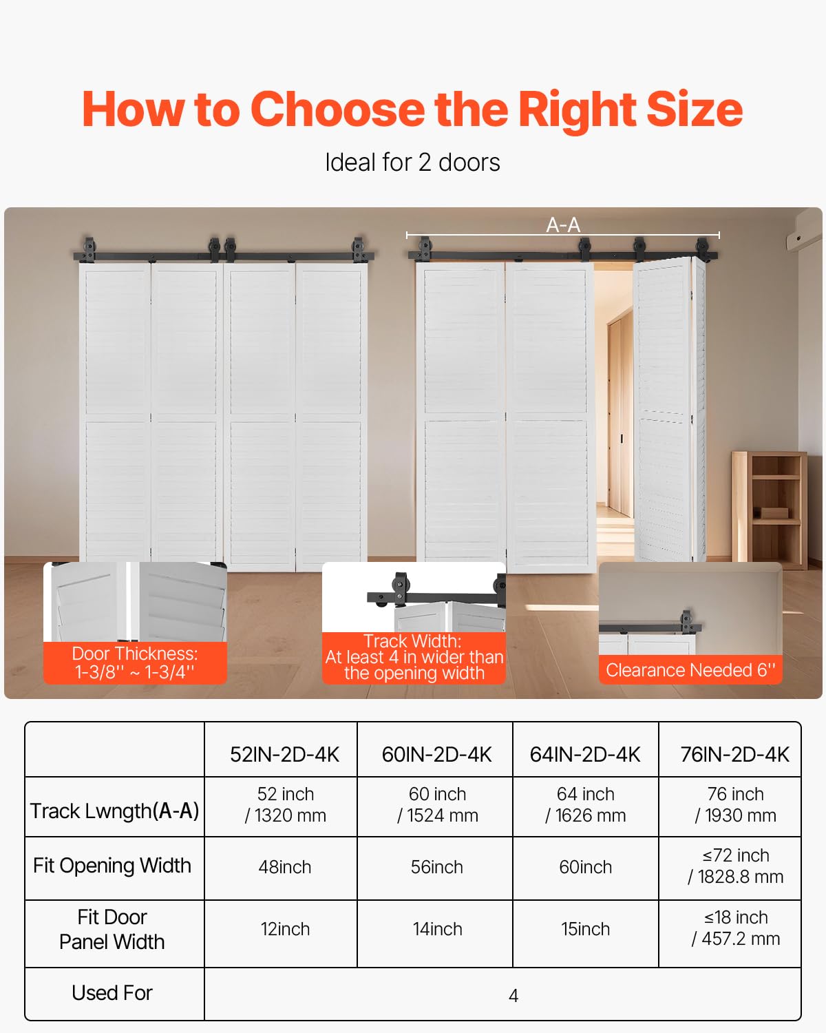 VEVOR Kit de Rieles para Puertas Corredizas Plegables de Granero, con Montaje Superior, Deslizamiento Suave y Silencioso, Resistente, para Cuatro Puertas de Armario, Despensa, 1626 x 40 x 6 mm