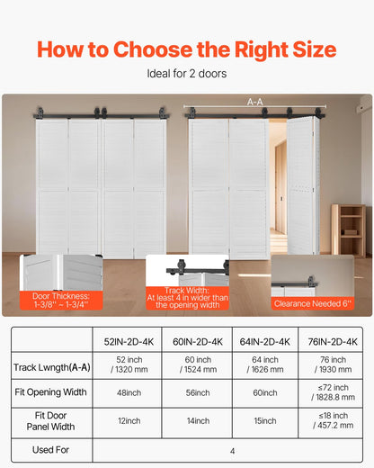 VEVOR Kit de Rieles para Puertas Corredizas Plegables de Granero, con Montaje Superior, Deslizamiento Suave y Silencioso, Resistente, para Cuatro Puertas de Armario, Despensa, 1626 x 40 x 6 mm