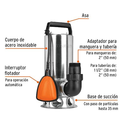 Truper BOS-1-1/2SM, Bomba sumergible metálica para agua sucia 1-1/2 HP