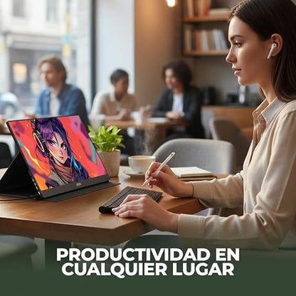 AOC Monitor Portátil 16T20, 15.6” FHD 1920x1080, Pantalla IPS, Bocinas Integradas, 2X USB Tipo C, 1x Mini HDMI, Funda Inteligente Premium, Compatible con Consolas de Videojuegos.