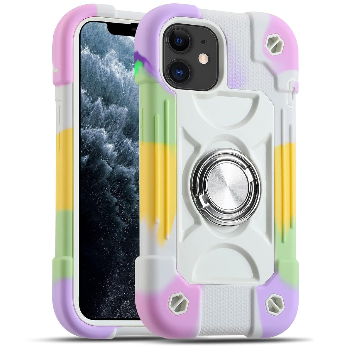 MARKILL Funda Compatible con iPhone 11 de 6.1 Pulgadas con Soporte de Anillo Giratorio de 360°, protección contra caídas de Grado Militar, Funda Protectora 3 en 1 (Blanco arcoíris) (116.1-1)