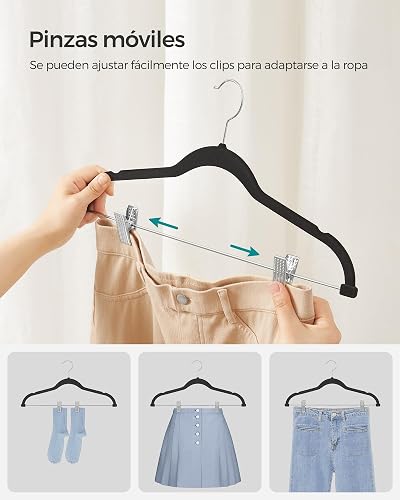 SONGMICS Perchas para Pantalones, 30 Perchas de Terciopelo, 42.5 cm de Largo, con Clips Ajustables, Antideslizantes, Negro MCRF12B30