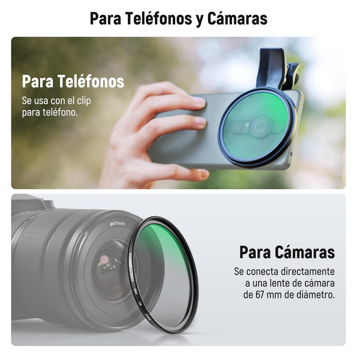 NEEWER 67mm Clip On Negro Difusión 1/4 Filtro para Filtro de Efecto Cinematográfico de Niebla,para Teléfono, Fotografía Lente Accesorios Kit para Android Smartphone Cámara, FL-B20