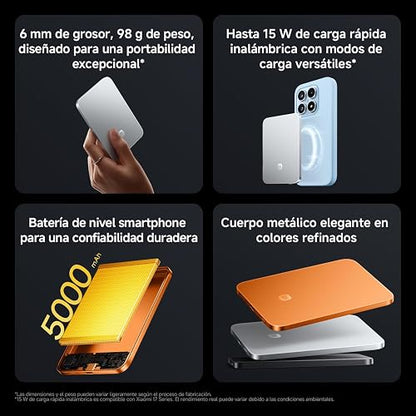 XIAOMI Ultrathin Magnetic Power Bank 5000mAh 15W, 6mm, 98g, Grafito Negro | USB Tipo C, Compatible con MagSafe para iPhone, Ligera con Carga inalámbrica, Compatible con iPhone 17/16/15/14/13/12
