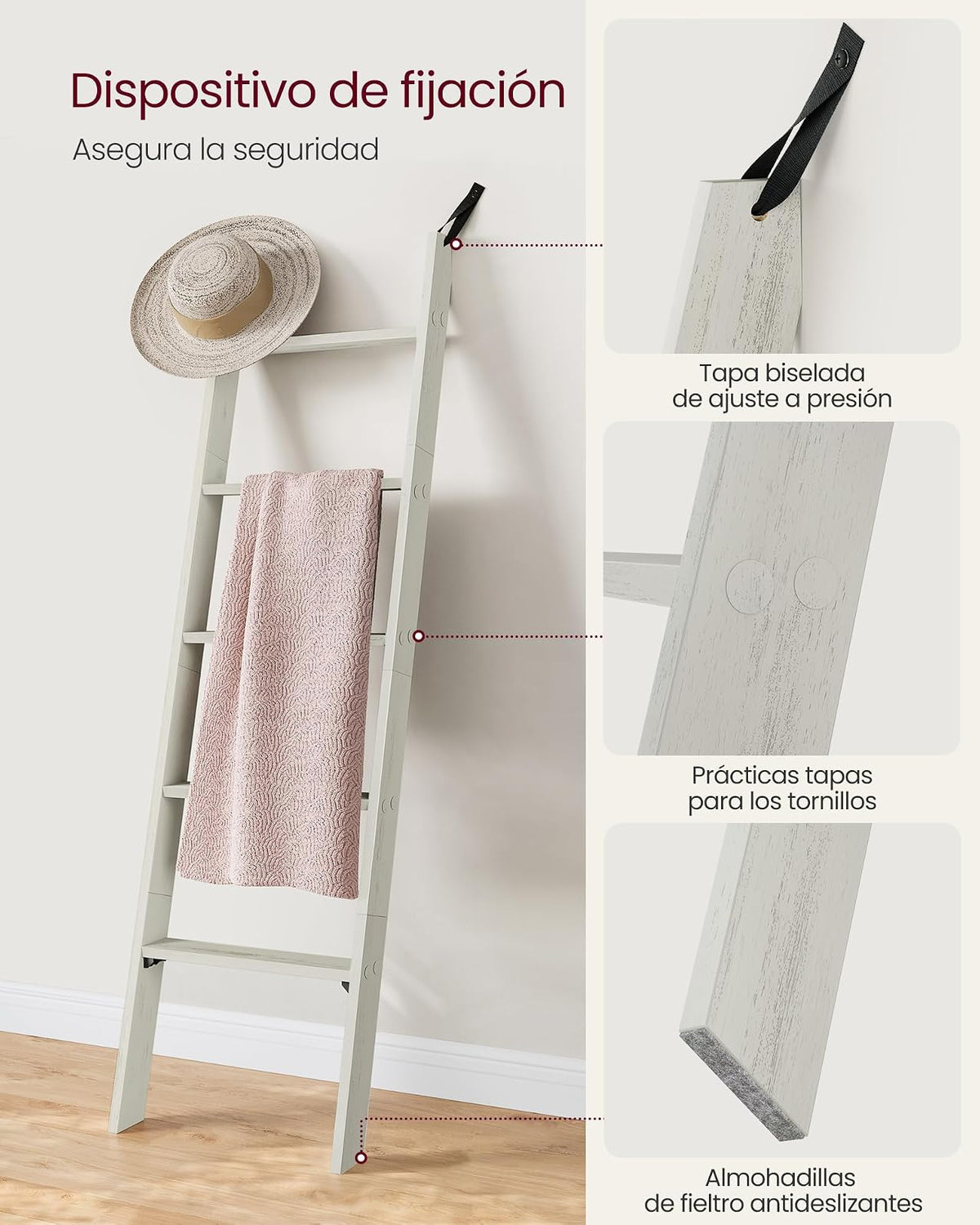 VASAGLE Toallero de 5 Niveles, Estante Para Toallas y Mantas, Organizador Escalera, Almacenamiento y Decoración, Blanco Rústico MLLS018W73
