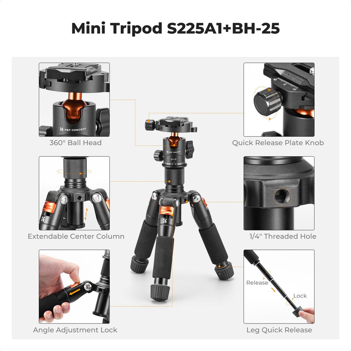 K&F Concept - Mini trípode de computadora Compacto de 20.5 pulgadas/52 cm con Cabeza de Bola de 360 Grados, Placa de liberación rápida de 1/4 Pulgadas para cámara, videocámara, Carga hasta 6 kg