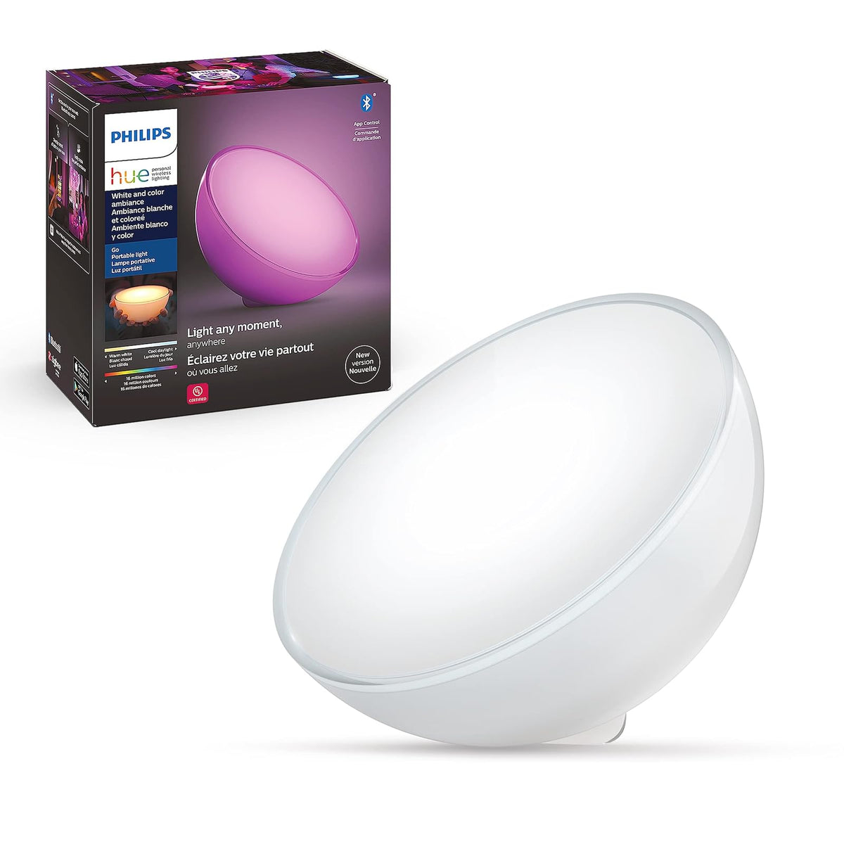 Philips Hue Go - Lámpara de mesa (Bluetooth y Zigbee), color blanco + Extensión - Tira de Luz Interior White & Color Ambiance - 1m - Versión Lightstrip Plus V4 con Bluetooth y Zigbee