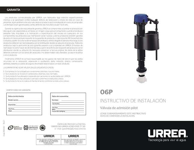 Urrea 06P Válvula para Tanque de WC de Admisión Pilot, Cuerpo POM