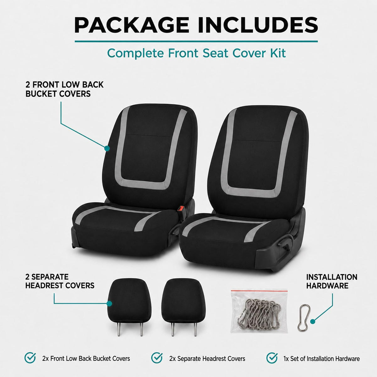 FH Group - Fundas de Tela para Asiento de Automóvil, Juego Delantero con reposacabezas extraíble, Ajuste Universal para Asientos de Respaldo bajo de SUV, sedán, Furgoneta, Gris
