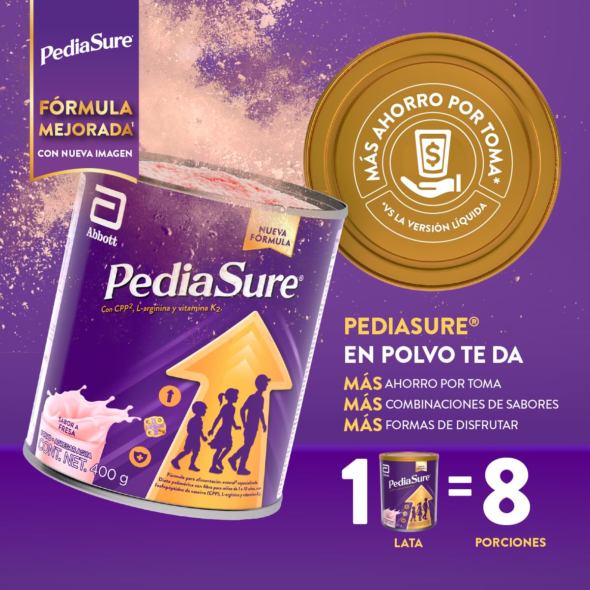PediaSure Fresa- Alimentación Especializada Polvo 400 g | Formula especializada para niños de 1 a 10 años con 5 grupos de nutrientes clave que apoya el crecimiento de los huesos.