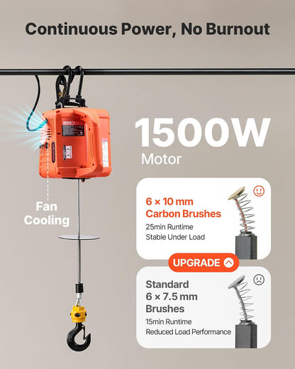 VEVOR Cabrestante eléctrico 3 en 1, capacidad de 1100 lb, cabrestante eléctrico portátil de 1500 W, altura de elevación de 25 pies, 16,4 pies/min con control remoto manual, con cable e inalámbrico