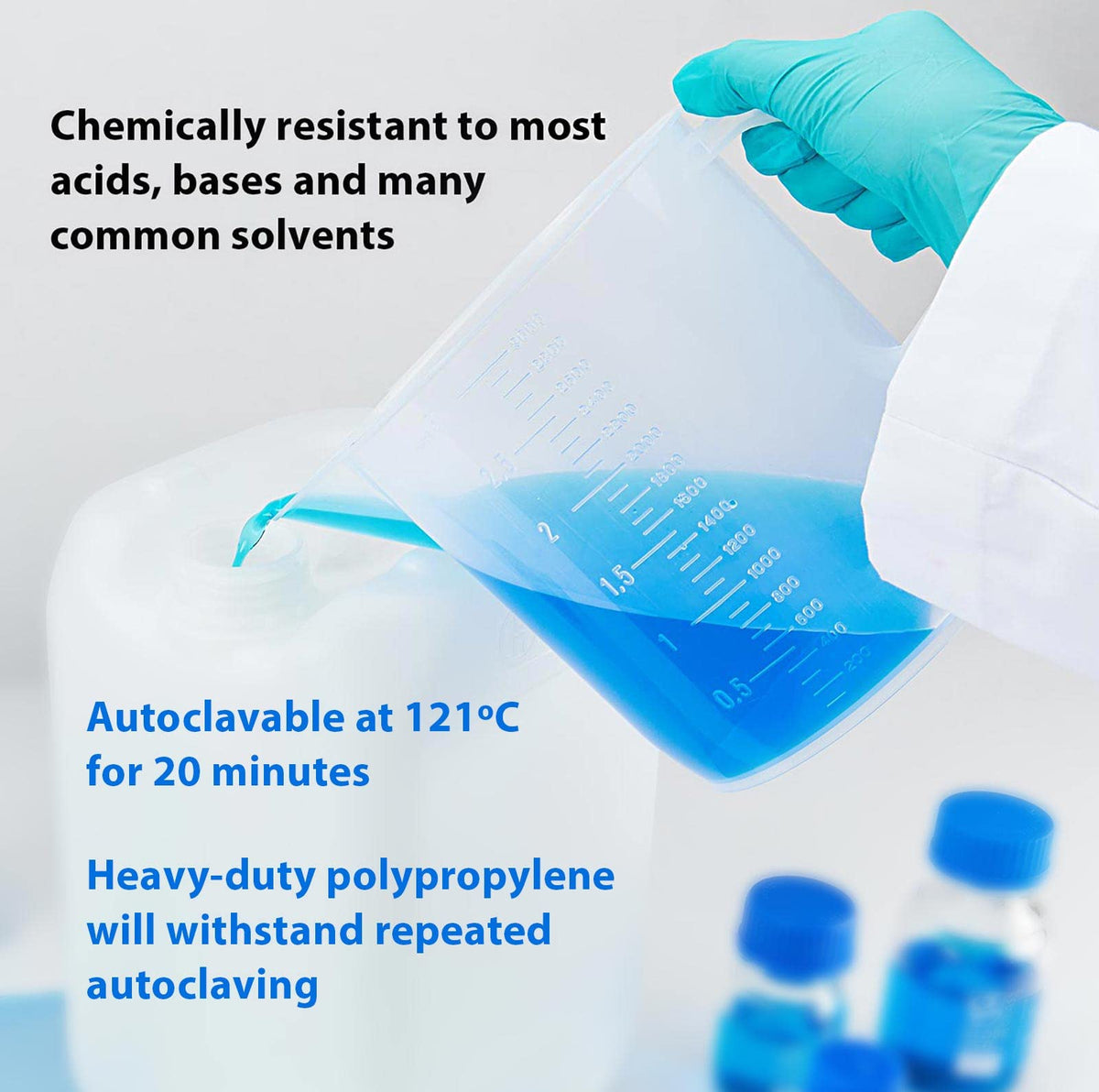 Globe Scientific - Vaso de laboratorio de plástico transparente de 3000 ml, graduado en ml, con asa ergonómico y boquilla sin goteo, cada uno