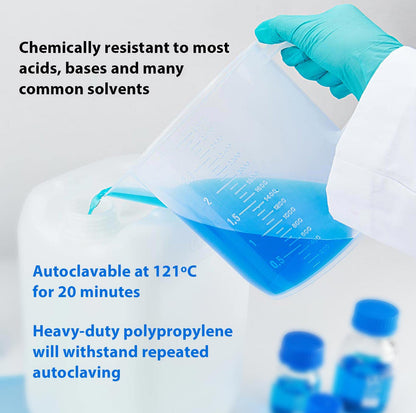 Globe Scientific - Vaso de laboratorio de plástico transparente de 3000 ml, graduado en ml, con asa ergonómico y boquilla sin goteo, cada uno
