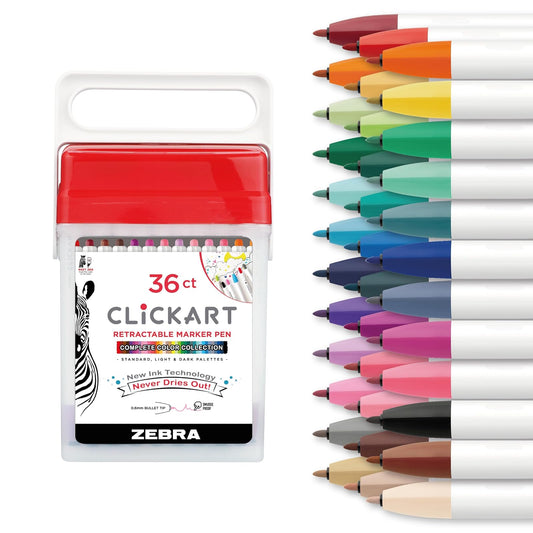 Zebra Pen ClickArt - marcador retráctil en varios colores, paquete de 36 unidades, punta fina de 0,6 mm, tinta a base de agua sin tapa, tecnología que absorbe la humedad, suministros escolares