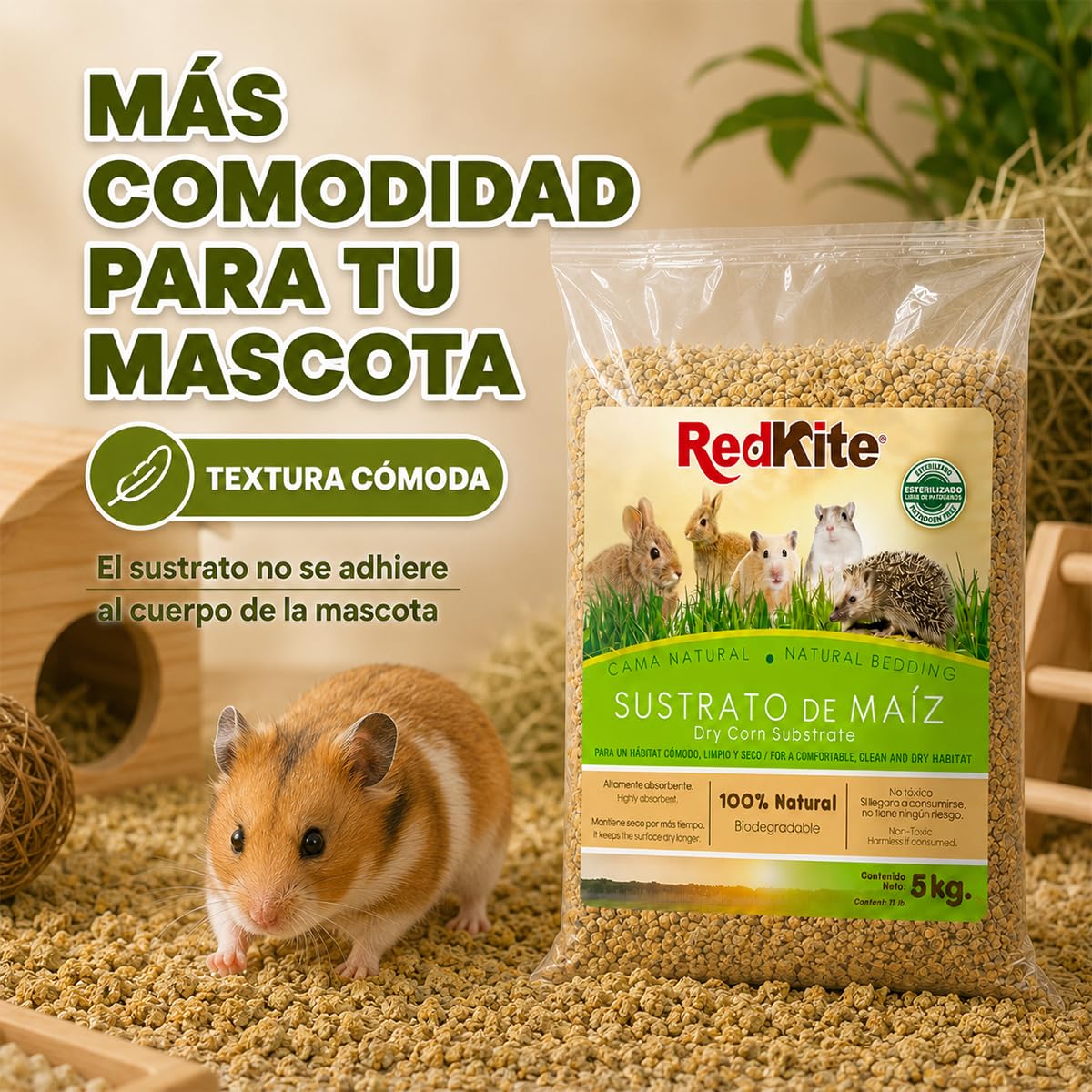 Red Kite Sustrato de Maíz Natural para Pequeños Mamíferos y Aves, 100% Natural, Alta Absorción, 5 kg
