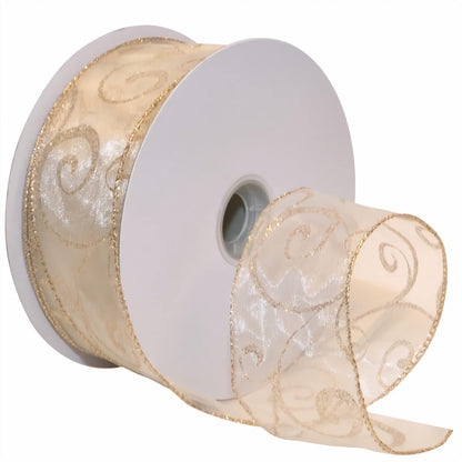 Morex Ribbon 7416.60/50-004 - Cinta de nailon transparente de 2.5 x 50 yardas, color marfil/dorado, cintas navideñas para manualidades y decoraciones de Navidad, cinta de Navidad para interiores para envolver regalos