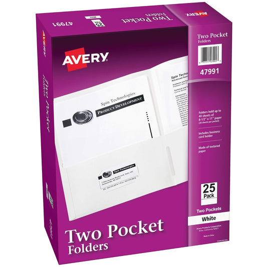 Avery 47991 - Carpetas de dos bolsillos, capacidad para hasta 40 hojas, ranura para tarjetas de visita, 25 carpetas blancas