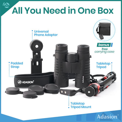 Adasion Binoculares 12x42 | Para adultos, adaptador fotografía smartphone, ocular 18 mm, lente BAK4, impermeable, 1 libra