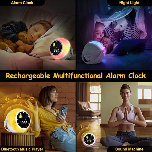 Reloj Despertador para niños para decoración de recámara, Reloj Digital para niños pequeños con Salida del Sol y Luna, máquina de Sonido de Ruido Blanco y luz Nocturna para niña/niño, Entrenador de