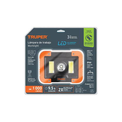 TRUPER LAT-1300, Lámpara LED recargable de trabajo, 1000 lúmenes