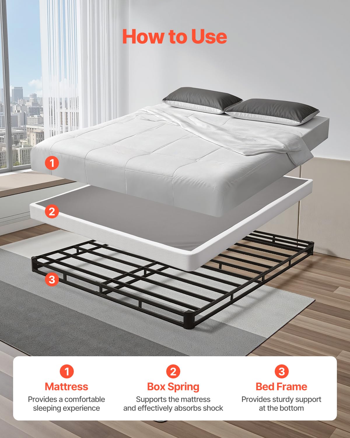 VEVOR - Somier de cama tamaño queen con tela lavable, marco de metal resistente para cama queen, base de colchón de 4 pulgadas, capacidad máxima de peso de 3500 libras, fácil montaje, 79.1 pulgadas de
