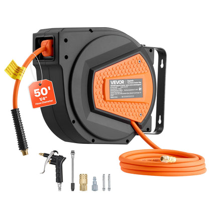 VEVOR Carrete de manguera de aire retráctil, manguera de aire híbrida de 1/4 de pulgada x 50 pies, máx. 300 PSI, carrete de mangueras de compresor de aire cerrado con rebobinado automático