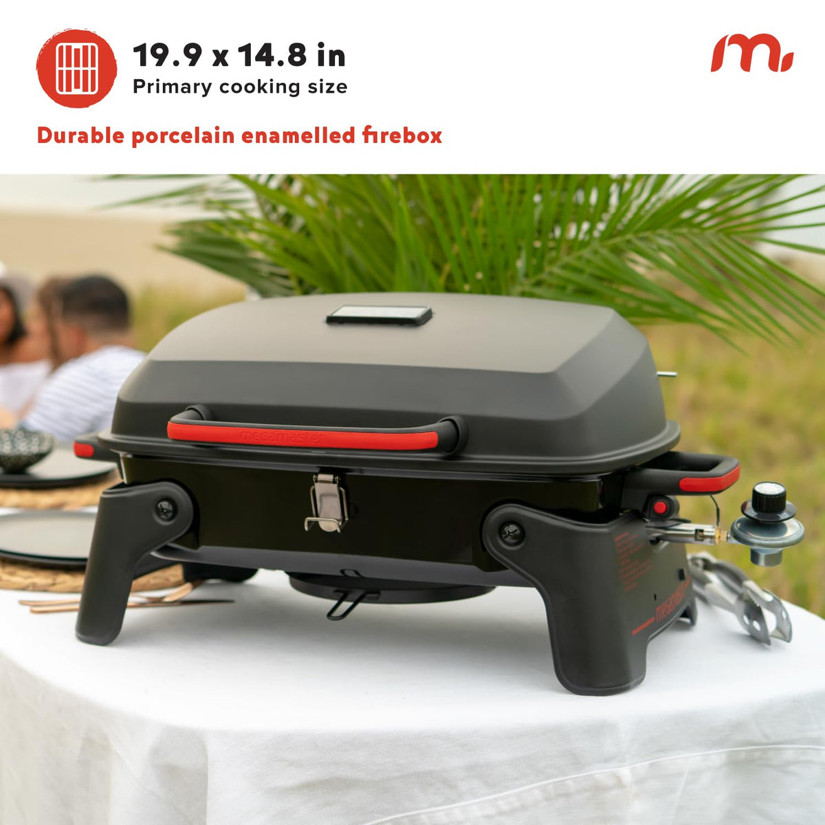 Megamaster 820-0065C 1 quemador portátil de gas para camping, cocina al aire última intervensión, cocina al aire última intervensión, patio, jardín, barbacoa con dos patas plegables, rojo + negro